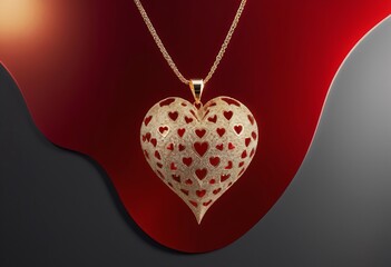 Wall Mural - Gold heart on Red abstract Valentines Day festive background