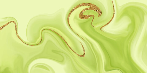 Wall Mural - Artistic abstract marble ink banner with golden wavy foil line. Artistic golden green background