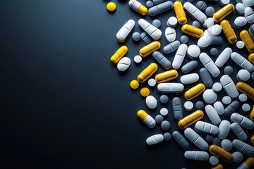 Wall Mural - A scattered mix of colorful pills and capsules on a dark surface symbolizing the diversity abundance and complexity of pharmaceutical options available in modern healthcare