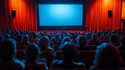 Poster - A large audience sits in a red theater, captivated by the performance on the big screen as the lights create a warm atmosphere.