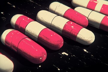 Poster - A high contrast close up of pink and white capsules on a black surface emphasizing the stark contrast and boldness of modern pharmaceutical design and healthcare innovation