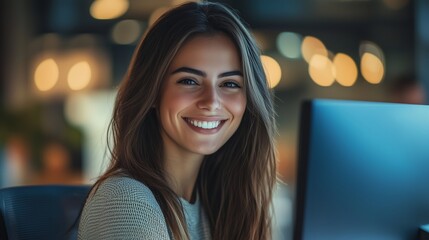 Poster - young woman smiling while working at a computer in an office with warm lighting during the evening