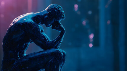 Poster - Digital Tech-Themed 'The Thinker' Statue Illustration