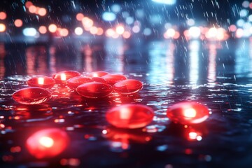 Poster - A vibrant and reflective scene of glowing red capsules scattered across a wet surface at night symbolizing the energy reflection and mystery of modern pharmaceutical treatments