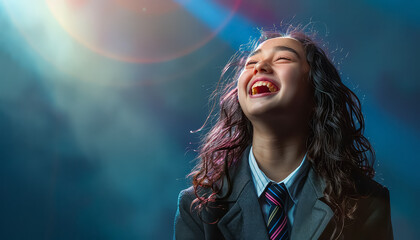 Canvas Print - A girl is smiling and laughing while wearing a black dress and a tie