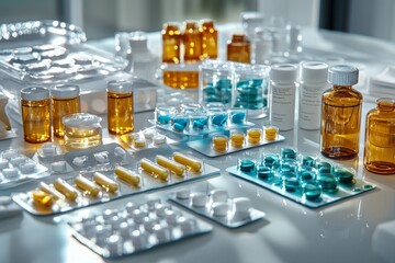 Sticker - A detailed and organized display of medicine bottles and vials on a reflective surface in a laboratory setting symbolizing the precision structure and scientific rigor of pharmaceutical research