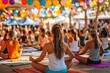 © woters - Outdoor yoga class during a vibrant festival with colorful balloons in the background, capturing the peaceful energy of participants