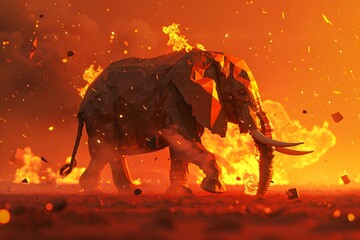 Wall Mural - Flaming Elephant Geometric Art in Fiery Landscape