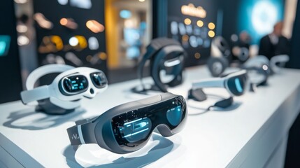 Poster - Several advanced virtual reality headsets are showcased on a sleek table at a technology exhibition.