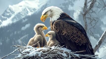 Wall Mural - Bald eagle parent feeding eaglets in the nest. Illustration of nurturing instincts and family unity -