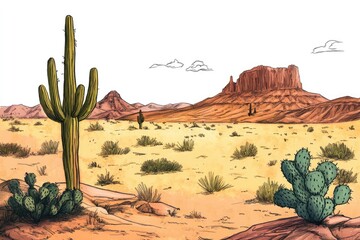 Wall Mural - Arizona Sketch. Hand Drawn Color Illustration of Desert Landscape with Cacti