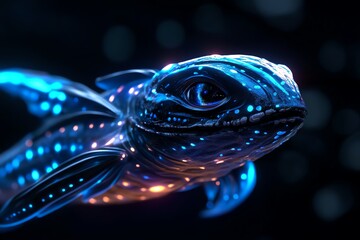 Poster - A digitally rendered image of a bioluminescent aquatic creature swimming in the dark, glowing with blue and orange lights.