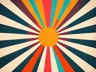 Poster - Overlapping circular shapes with radial lines creating a dynamic starburst effect in a mid century modern geometric pattern  Visually striking abstract design with a clean minimalist aesthetic