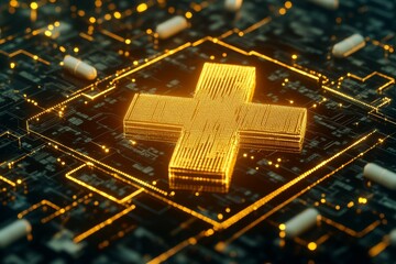 Sticker - A futuristic representation of a glowing cross embedded in a circuit board symbolizing the convergence of healthcare technology and digital advancements in the future of medical innovation