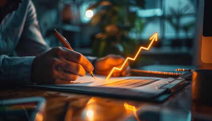 A man is writing on a piece of paper with a pen