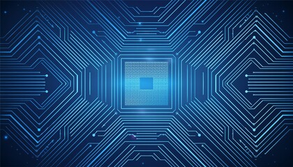 Futuristic chipset processor circuit board digital transformation blue abstract technology background. Innovative tech block chain artificial intelligence cloud computing concept.  illustration