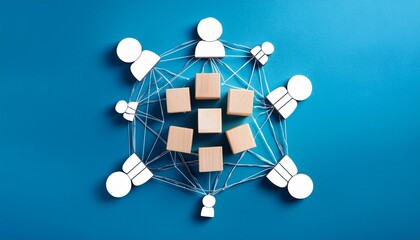 Connecting people partnership or men above social media networks on blue background concept using wooden cube block wood square block on blue background. Digital communication and technology concept.