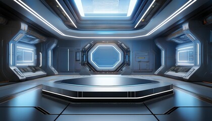 Inside spaceship laboratory interior architecture and empty podium for cyberpunk product presentation. Technology and Sci-fi concept. 3D illustration rendering