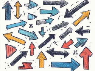 Poster - Doodle style arrows pointing in diverse directions with hand drawn playful elements  Expressive abstract graphic conveying concept of creativity guidance and dynamism