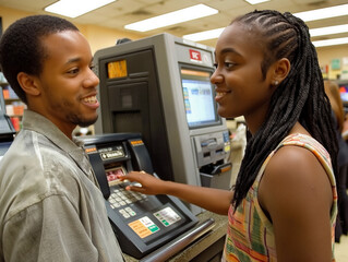 Poster - A man and a woman are standing in front of a machine that looks like a cash register