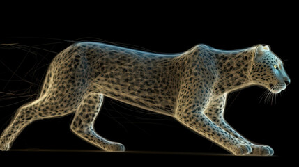 Wall Mural - Neon abstract graphic outlines of a leopard, a wild animal. Technology concept, dark background isolate. AI generated.