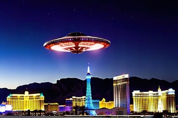 Aliens in a spaceship fly over Las Vegas.