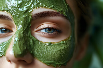 Wall Mural - Close-up portrait of a woman with a DIY matcha face mask applied, highlighting her eyes and the detailed texture of the skincare treatment on her skin.