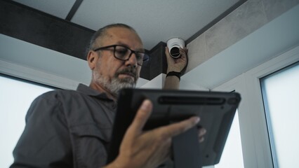 Male mature technician adjusts angle of security camera in office room using tablet computer and professional software. Monitoring and tracking system. Surveillance system, CCTV and privacy concept.