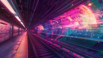 Wall Mural - Subway Station with Neon Lights and a Futuristic Glow