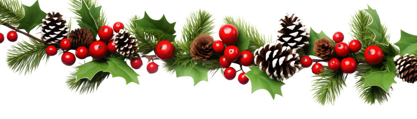 Wall Mural - festive christmas garland with pine cones, red berries, and green leaves, perfect for holiday decora