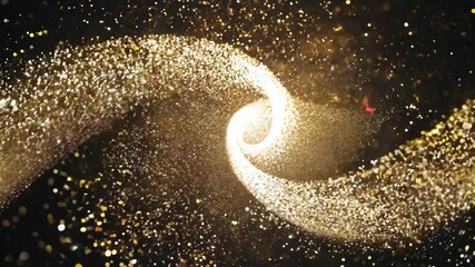 Poster - Abstract gold glitter waves on black background. Star dust, swirling particles animation. Christmas and New Year celebration. Sparkling and flickering effect
