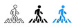 © Chelpanoff - Crosswalk sign. Pedestrian crossing the road icon. Person walking cross the road. Zebra roadsign vector illustration. Man walk symbol. Human safety sidewalk pictogram.