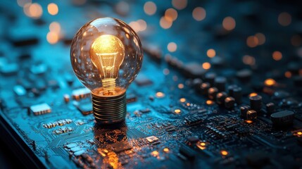 Illuminated Light Bulb on Circuit Board Representing Innovation and Technology in a Modern Digital World