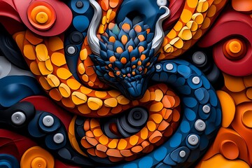 Poster - A colorful cartoon illustration featuring a dragon and fish against a patterned background, with elements of nature and art combined