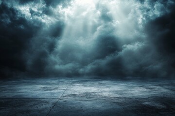 Aufkleber - A panoramic view of white cloudiness, smog or mist moves across a dark room concrete floor. Black room background for product placement.