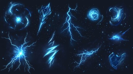 Aufkleber - Animated frames of lightning strike, electric strike, magic electricity hit, and thunderbolt effect. Blue glowing storm bolts game assets.