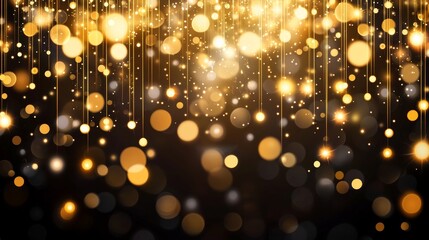Fototapete - Golden light shine particles bokeh on a dark background. Defocused strong gold light on a dark background. Festive abstract bokeh light.