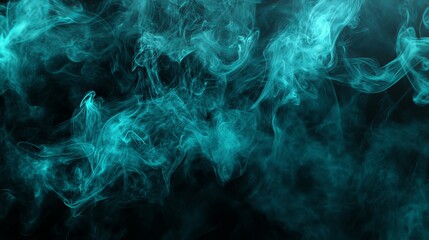 Sticker - The earth is covered in green and blue fog, rendered in 3D. Smoke clouds are lit by neon lights. Spooky dark magic fog. Panoramic view of the abstract landscape.