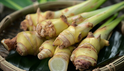 Fresh Galangal , galangal root on plate, asian cooking spice