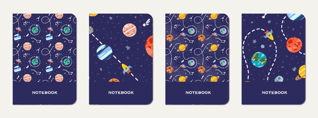Wall Mural - school notebook cover design with cartoon galaxy.