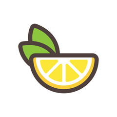 Wall Mural - slice of lemon with green leaves vector icon with black outline. best for web, print, advertising, l