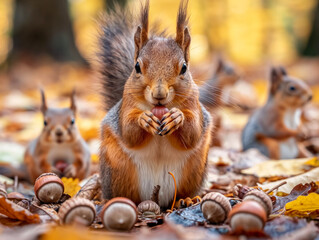 Wall Mural - A squirrel is eating acorns on the ground. There are other squirrels in the background. The scene is peaceful and natural