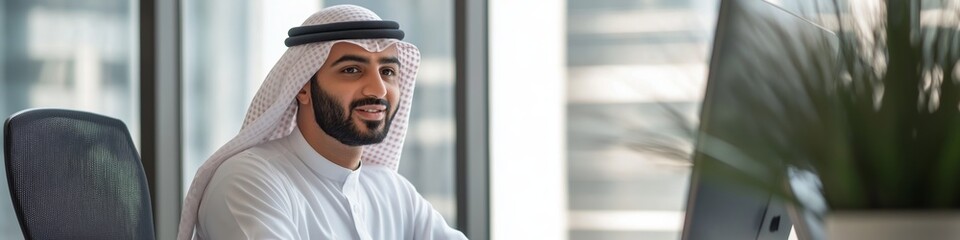 A man wearing a white shirt and a black turban is sitting in front of a computer monitor