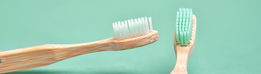 Two eco-friendly toothbrushes on a mint green background promote sustainable dental care and hygiene.