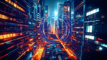 Poster - a digital loop with a futuristic cityscape and tall buildings at night