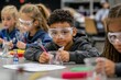 © DachAI - An engaging snapshot of young children actively participating in a science activity, showcasing their curiosity and eagerness to explore scientific concepts while wearing protective eyewear.