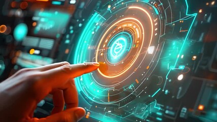 Poster - A hand touches a glowing touchscreen displaying complex data and vibrant graphics in a dimly lit room.