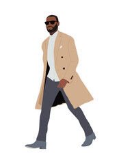 Wall Mural - Elegant Black business man wearing coat, stylish autumn warm clothes. African american male character walking full length. Vector realistic illustration isolated on transparent background.