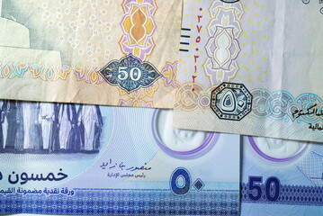 Close up Dirhams currency, AED, Bank note and coins, United Arab Emirates