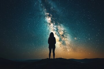 Woman gazing up at a starry sky with Milky Way